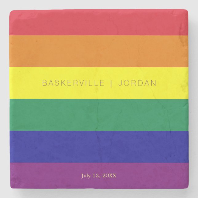 Rainbow Flagga Bröllop Anpassningsbar Date Namn Stenunderlägg (Framsidan)