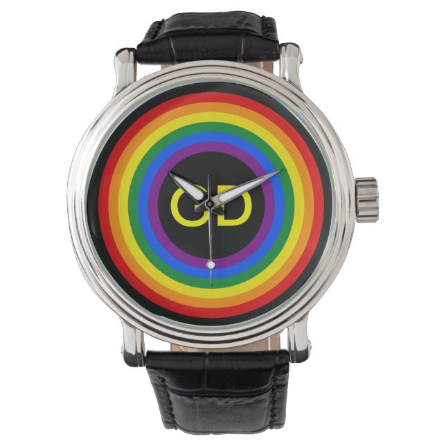 RAINBOW FLAGGA BUTTON + ditt tecken eller monogram Armbandsur (Framsida)