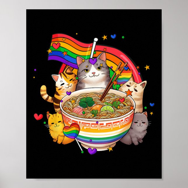 Rainbow Flagga Cats Ramen Anime Gay pride Month Lg Poster (Framsidan)