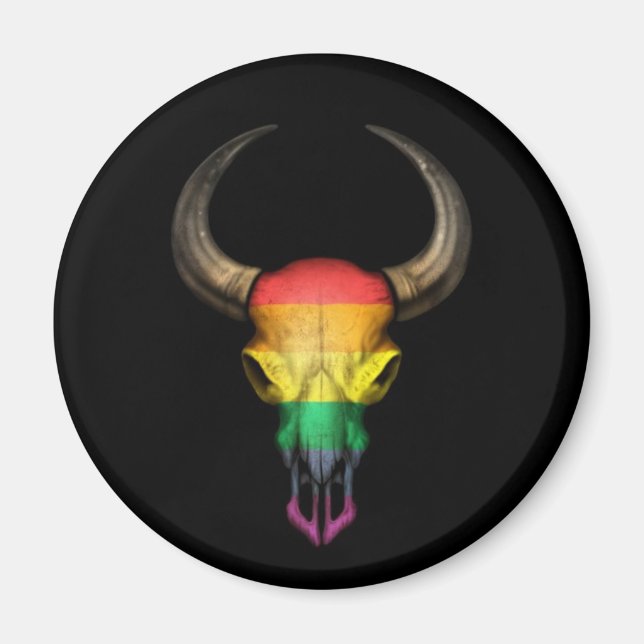 Rainbow Flagga Gay pride Bull Skull på Black Magnet (Framsidan)