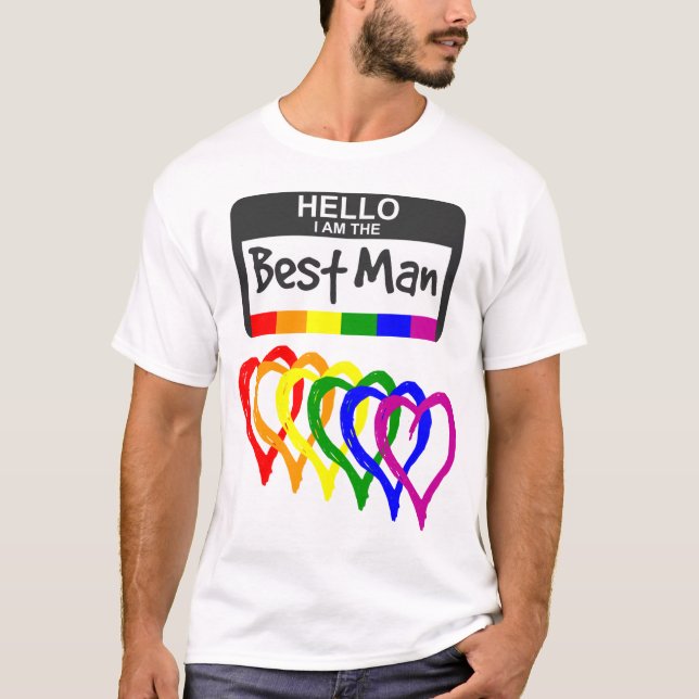 Rainbow Flagga Hearts Best Man Namn Badge Bröllop T Shirt (Framsida)