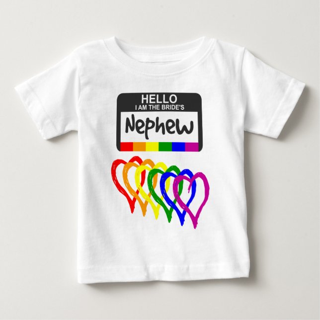 Rainbow Flagga Hearts Bride Nephew Namn Badge T Shirt (Framsida)