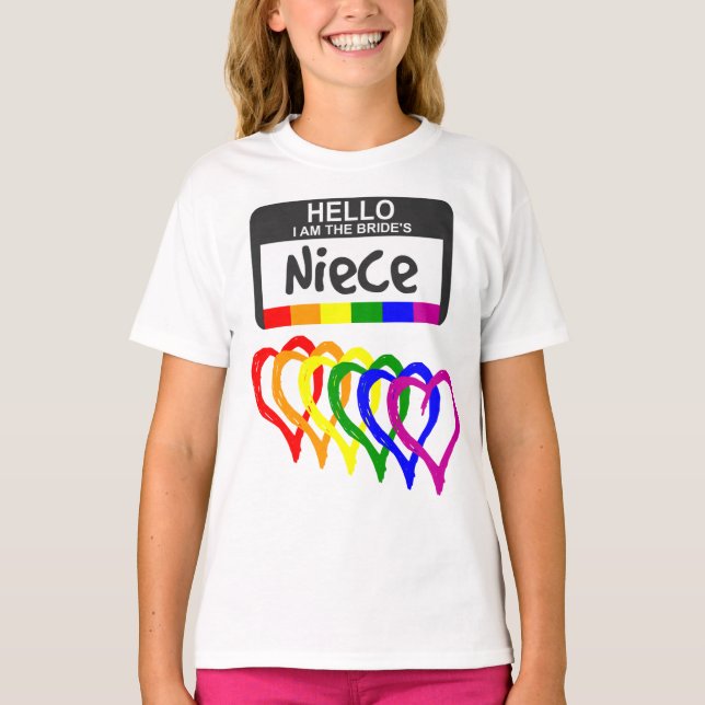 Rainbow Flagga Hearts Bride Niece Namn Badge T Shirt (Framsida)