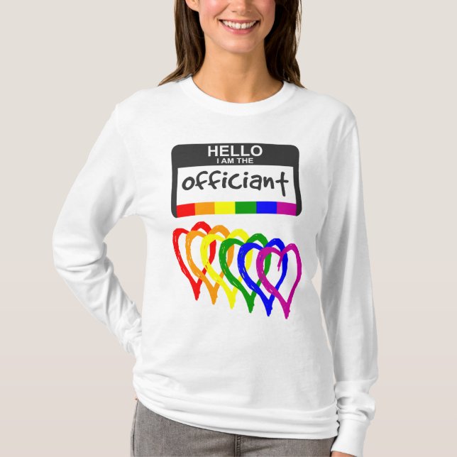 Rainbow Flagga Hearts Bröllop Tjänsteman Namn Badg T Shirt (Framsida)