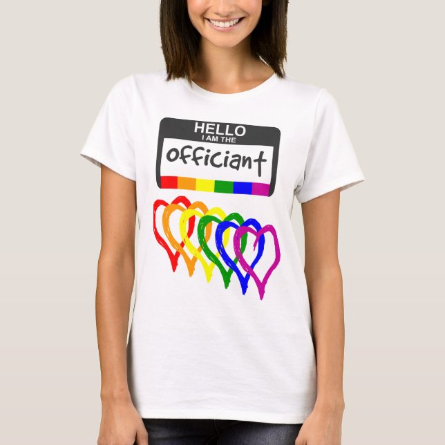 Rainbow Flagga Hearts Bröllop Tjänsteman Namn Badg T Shirt (Framsida)