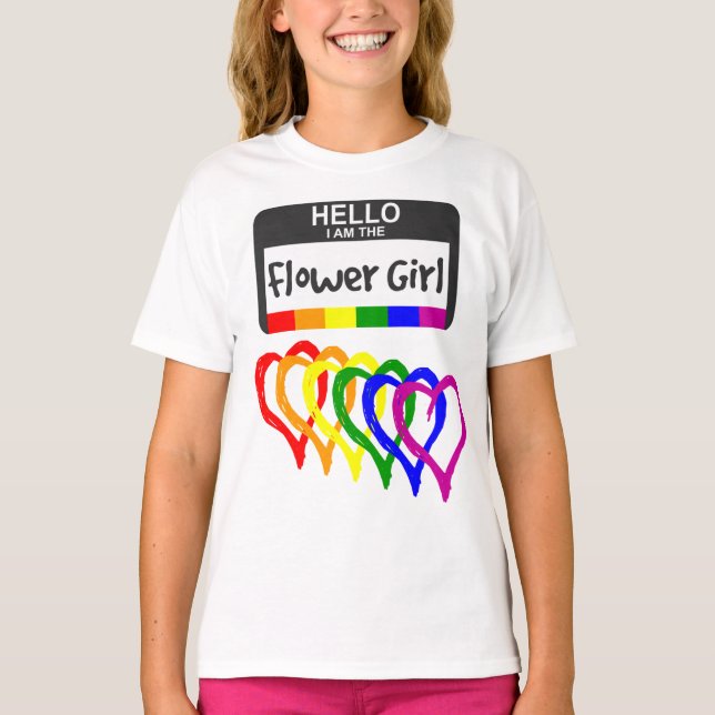 Rainbow Flagga Hearts Flower Girl Namn Badge Bröll T Shirt (Framsida)