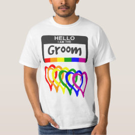 Rainbow Flagga Hearts Groom Namn Badge Bröllop T Shirt