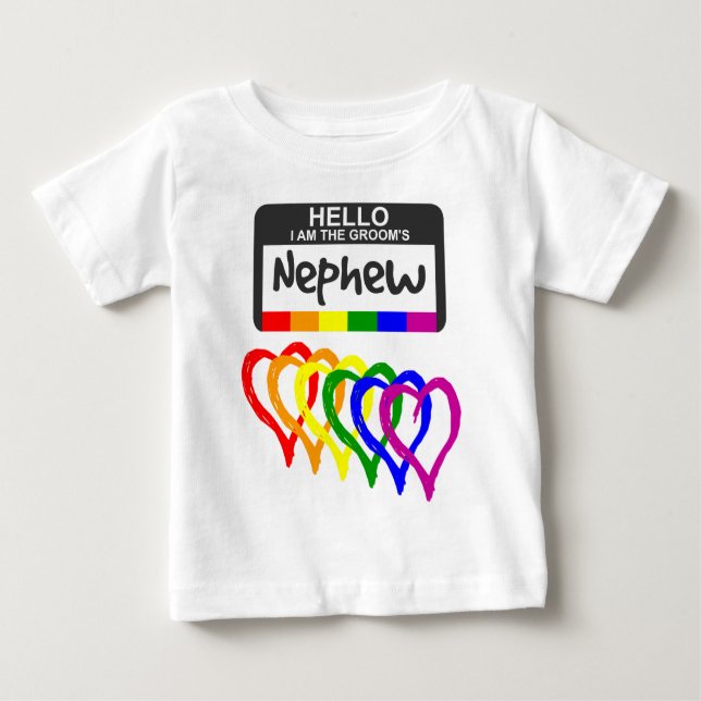 Rainbow Flagga Hearts Groom Nephew Namn Badge T Shirt (Framsida)