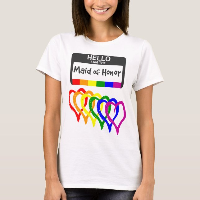 Rainbow Flagga Hearts Maid of honor Namn Badge T Shirt (Framsida)