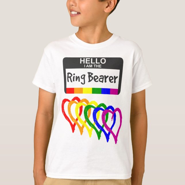 Rainbow Flagga Hearts Ring Bearer Namn Badge Bröll T Shirt (Framsida)