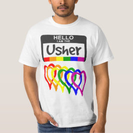 Rainbow Flagga Hearts Usher Namn Badge Bröllop T Shirt