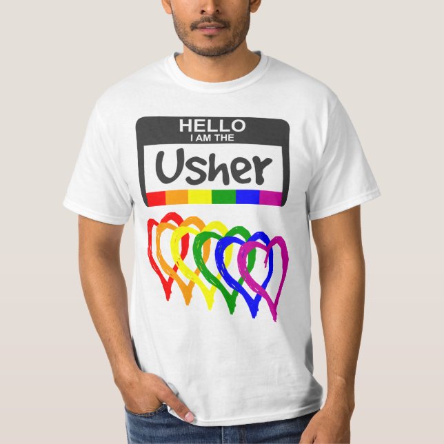 Rainbow Flagga Hearts Usher Namn Badge Bröllop T Shirt (Framsida)
