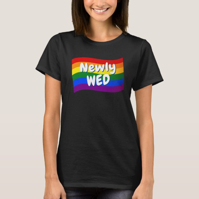 Rainbow Flagga Newlyged ny gifta gay bröllop T Shirt (Framsida)