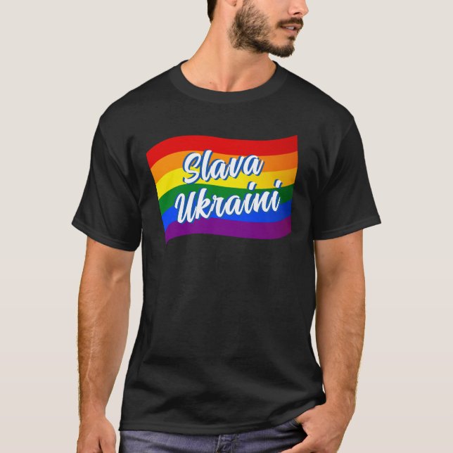 Rainbow Flagga Slava Ukrainini Gay pride HBT TQ T Shirt (Framsida)