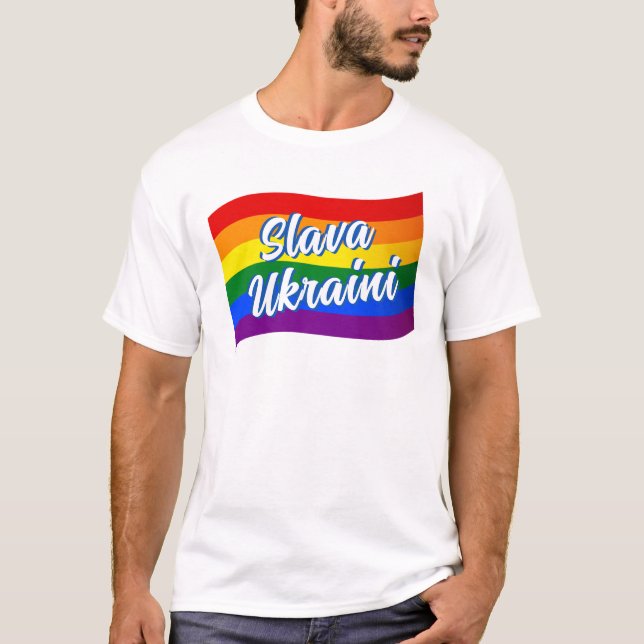 Rainbow Flagga Slava Ukrainini Gay pride HBT TQ T Shirt (Framsida)