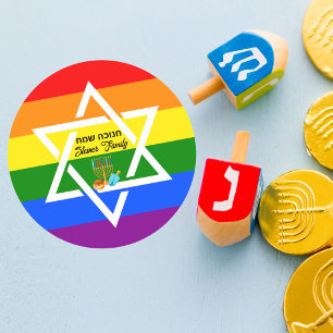 Rainbow Flagga Star of David Hebrew Lycklig Hanukk Runt Klistermärke