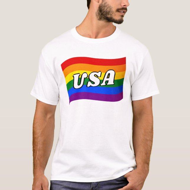 Rainbow Flagga USA American Gay pride LGBT HBT TQ T Shirt (Framsida)