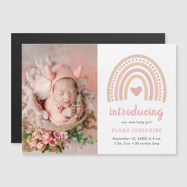 Rainbow Flicka Photo Birth Announcement Magnet (Fram/baksida)