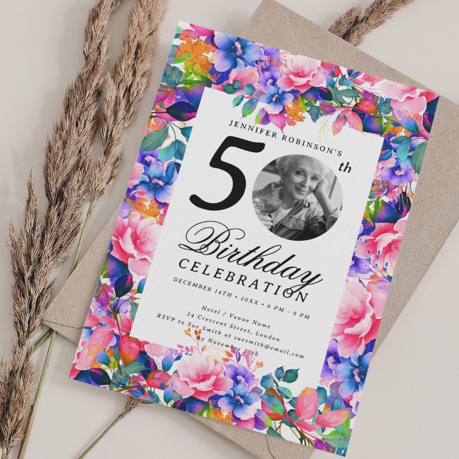 Rainbow Floral Garden Photo 50th Birthday Party Inbjudningar (Rainbow Floral Garden Photo 50th Birthday Party Invitation)