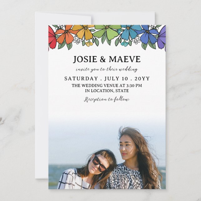 Rainbow Flowers 2 i 1 fotobröllopsinbjudan Inbjudningar (Framsida)