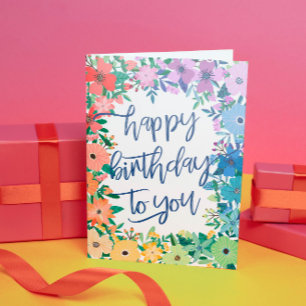 Rainbow Flowers Brush Script Grattis på födelsedag Kort