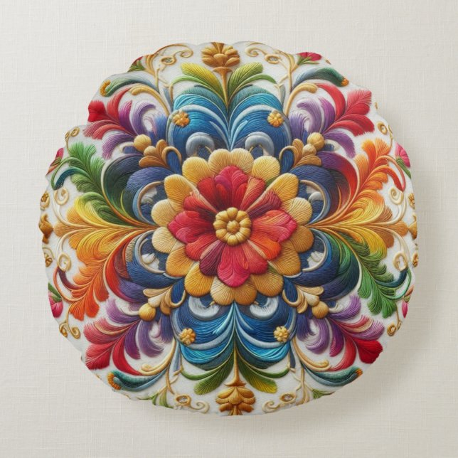 Rainbow Flowers Embroidery Tittar Blommigt Rund Kudde (Framsidan)