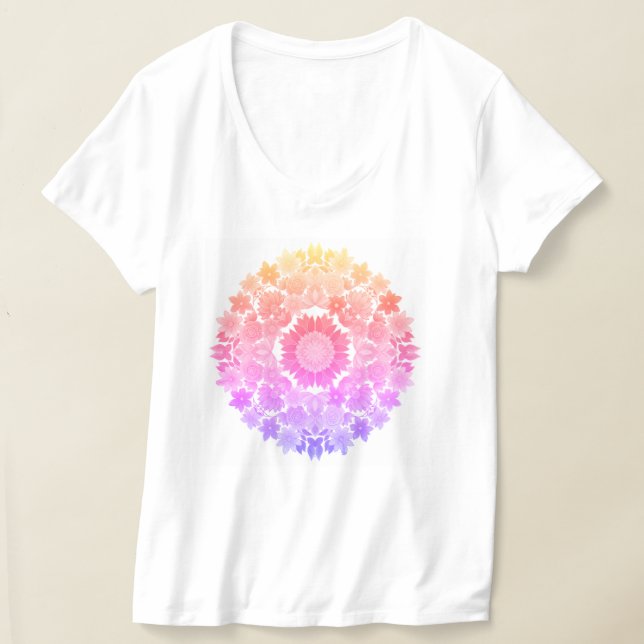 Rainbow Flowers Mandala Women's V-Nacke T-Shirt -  (Laydown)