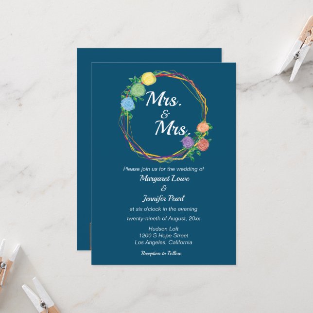 Rainbow Flowers Mrs lesbisks bröllopsinbjudning  Inbjudningar (Fram/Back In Situ)