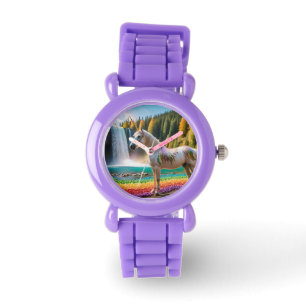 Rainbow Flowers Unicorn Grönt Träd Waterfall Sjö Armbandsur