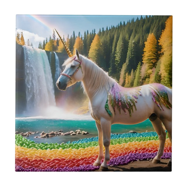 Rainbow Flowers Unicorn Grönt Träd Waterfall Sjö Kakelplatta (Framsidan)
