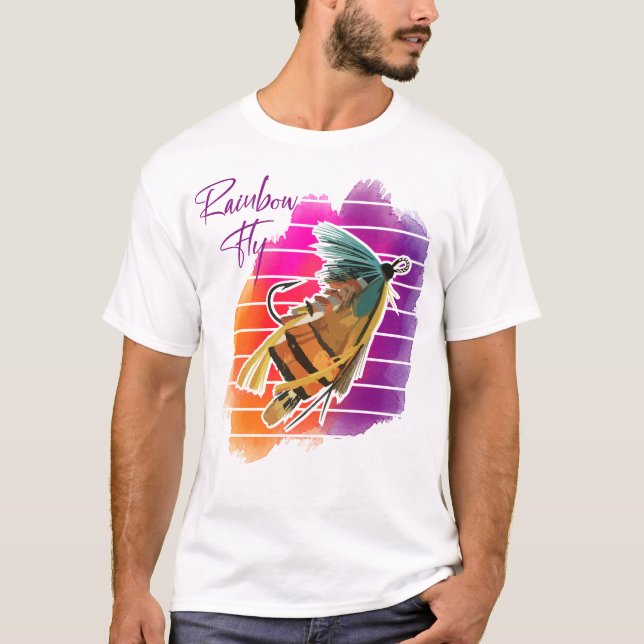 Rainbow Fly Fishing Lure Retro Sunset T Shirt (Framsida)
