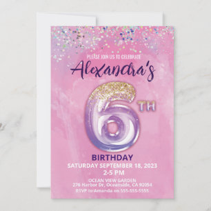 Rainbow Foil Balloon Girl 6e Birthday-inbjudan Inbjudningar