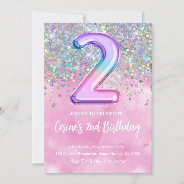 Rainbow Foil Girl 2nd Birthday Inbjudningar (Framsida)