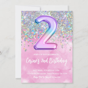 Rainbow Foil Girl 2nd Birthday Inbjudningar
