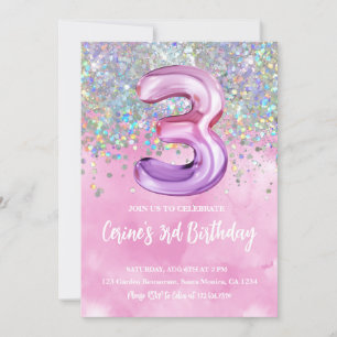 Rainbow Foil Girl 3rd Birthday Inbjudningar