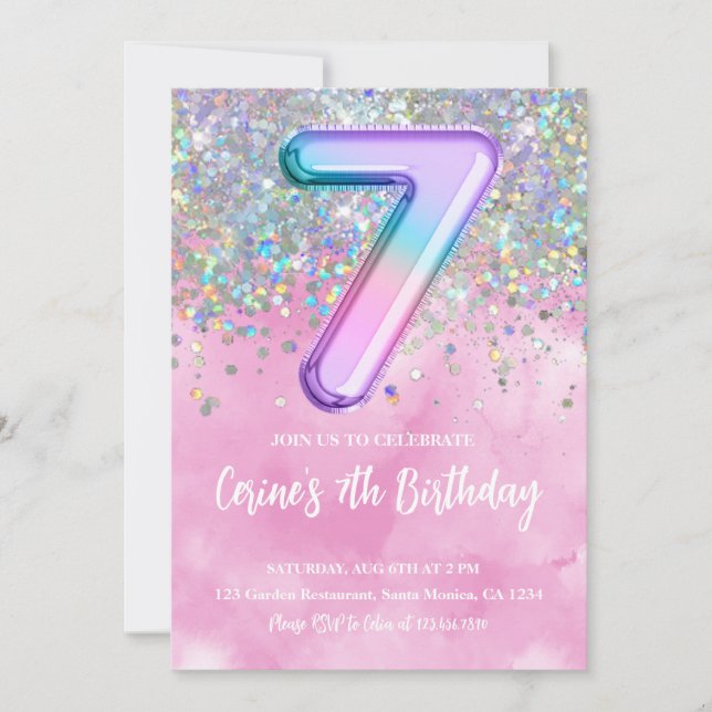 Rainbow Foil Girl 7:e Birthday bjudande Inbjudningar (Framsida)