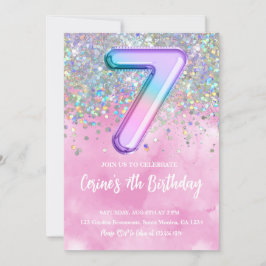 Rainbow Foil Girl 7:e Birthday bjudande Inbjudningar