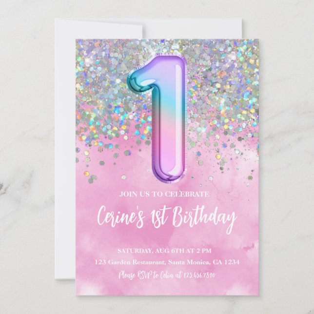 Rainbow Foil Girl First Birthday Inbjudningar (Framsida)