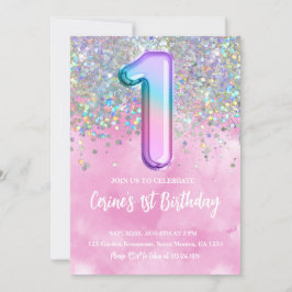 Rainbow Foil Girl First Birthday Inbjudningar