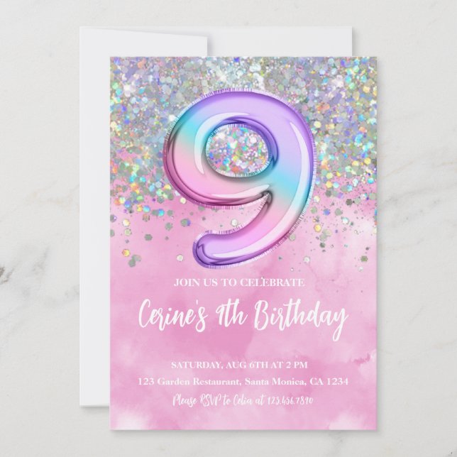 Rainbow Foil Girl Niine Birthday Inbjudningar (Framsida)