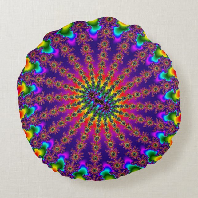 Rainbow Fractal Burst Rund Kudde (Baksidan)