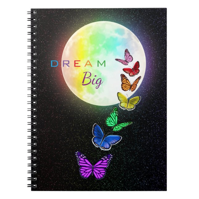 Rainbow Full Moon & Rainbow Butterflies Dream Big Anteckningsbok (Framsidan)