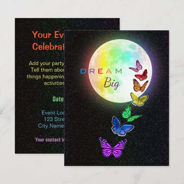 Rainbow Full Moon & Rainbow Butterflies Dream Big Inbjudningar (Fram/baksida)