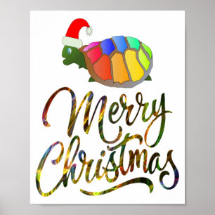 Rainbow Funny Turtle Wearing Santa Hat Julafton Gi Poster