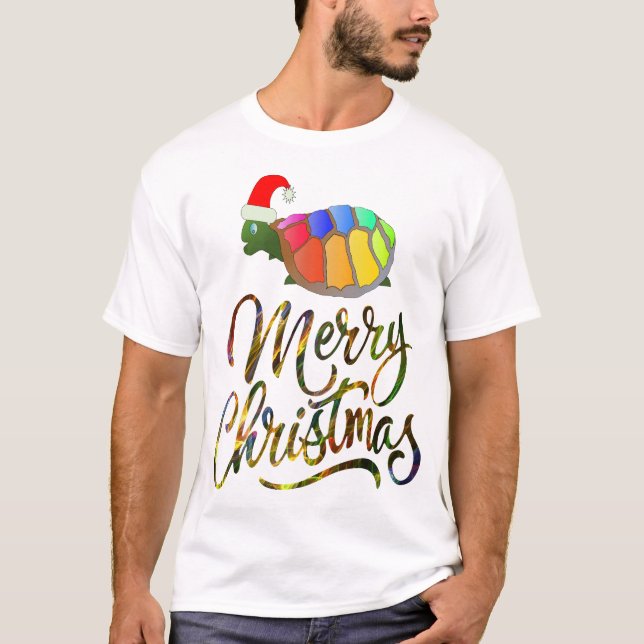 Rainbow Funny Turtle Wearing Santa Hat Julafton Gi T Shirt (Framsida)