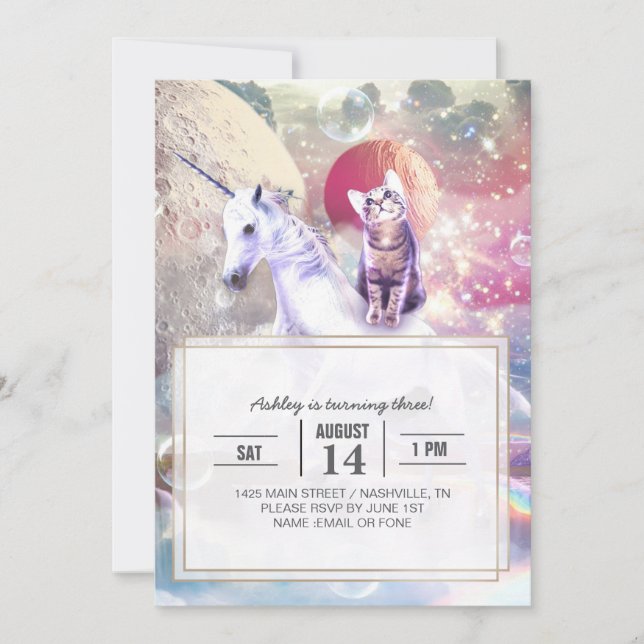 Rainbow galaxy cat ridande unicorn i rymden. inbjudningar (Framsida)