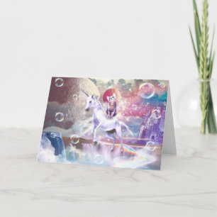 Rainbow galaxy cat ridande unicorn i rymden. kort