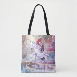Rainbow galaxy cat ridande unicorn i rymden. tygkasse