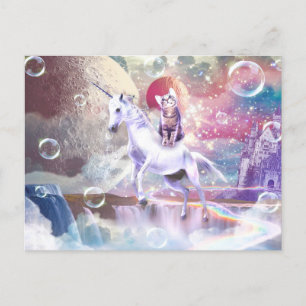 Rainbow galaxy cat ridande unicorn i rymden. vykort