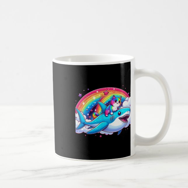 Rainbow Galaxy Cat Riding Shark in Space Funny Cat Kaffemugg (Höger)
